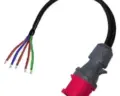 32A five-phase CEE tail lead for hire by Glow Power Rental, Dubai UAE — red 5-pin industrial plug on a flexible cable tail
