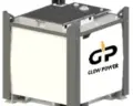 Glow Power Rental GP 1000-litre diesel fuel tank in a steel transport frame, on a white background
