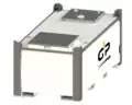 Glow Power Rental GP 2000-litre diesel fuel tank in a steel transport frame, on a white background