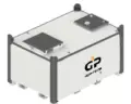 Glow Power Rental GP 3000-litre diesel fuel tank in a steel transport frame, on a white background