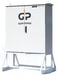 Glow Power Rental GP totalizing panel, a tall white power distribution and metering cabinet on a steel stand, on a white background