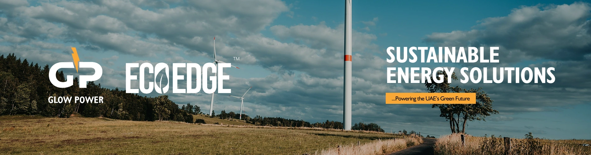 EcoEdge by Glow Power Rental banner reading "Sustainable Energy Solutions — powering the UAE's green future," with a wind turbine in a green field